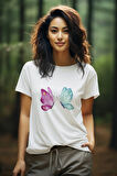 Renkli Kelebek Baskılı Beyaz Kadın T-shirt