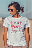 Hello Summer Pembe Flamingolar Baskılıyaz Temalı Unisex Regular Fit Pamuklu Beyaz Tişört
