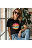 California Baskılı Sunset Unisex Regular Fit Pamuklu Siyah Tişört