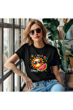 Hello Summer Baskılı Karpuz Güneş Yaz Temalı Unisex Regular Fit Pamuklu Siyah Tişört