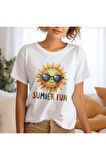 Summer Fun Baskılı Yaz Temalı Unisex Regular Fit Pamuklu Beyaz Tişört