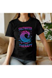 Saltwater Therapy Baskılı Yaz Temalı Unisex Regular Fit Pamuklu Siyah Tişört