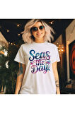 Seas The Day Baskılı Yaz Temalı Unisex Regular Fit Pamuklu Beyaz Tişört