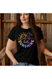 Hello Sunshine Baskılı Yaz Temalı Unisex Regular Fit Pamuklu Siyah Tişört