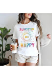 Sunkissed And Happy Baskılı Yaz Temalı Unisex Regular Fit Pamuklu Beyaz Tişört