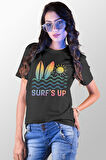 Surf'S Up Baskılı Yaz Temalı Unisex Regular Fit Pamuklu Siyah Tişört