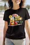 Summer Time Cocktail Baskılı Yaz Temalı Unisex Regular Fit Pamuklu Siyah Tişört