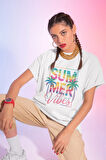 Summer Vibes Tropikal Baskılı Yaz Temalı Unisex Regular Fit Pamuklu Beyaz Tişört
