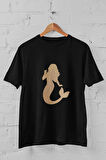 Deniz Kızı -Altın Siren Çağrısı- Baskılı Siyah Kadın T-Shirt