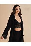 Kadın Penye Siyah Bralet&Gecelik&Sabahlık 4'lü Takım Kutulu Set Q5.5.3.2DKUKCHSS