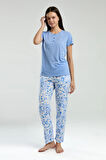 Kadın Yarım Patlı Kısa Kol T-shirt Bürümcük Kumaş Alt Pijama Takımı Q4.A3.K5.R5K