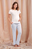 Kadın Beyaz Yarım Düğmeli Kısa Kol T-shirt Viskon Kumaş Lohusa Pijama Takımı Q9P0K8C7K