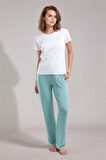 Kadın Beyaz & Yeşil Kısa Kol Puantiyeli Viskon Pijama Takımı Q9P0K9C4K