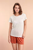 Kadın Beyaz Kısa Kol Desenli Viskon Şortlu Pijama Takımı Q9P0K0C3K