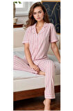Kadın Pembe Pamuklu Çizgili Patlı Pijama Takımı