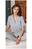 Kadın Gri Pamuklu Çizgili Patlı Pijama Takımı