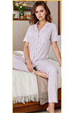 Kadın Lila Pamuklu Çizgili Patlı Pijama Takımı
