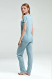 Kadın Kısa Kol Geniş Yaka Mavi Viskon Pijama Takımı Q9P0K0C8K