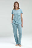 Kadın Kısa Kol Geniş Yaka Mavi Viskon Pijama Takımı Q9P0K0C8K