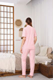 Kadın Boydan Düğmeli Kısa Kollu Boru Paça Pembe & Beyaz Çizgili Pamuklu Pijama Takımı