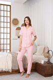 Kadın Boydan Düğmeli Kısa Kollu Boru Paça Pembe & Beyaz Çizgili Pamuklu Pijama Takımı