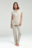 Kadın Önden Düğmeli Kısa Kol Desenli Pamuklu Viskon Pijama Takımı Q90P0K0C7K