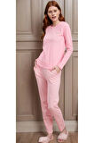 Kadın Pembe Çizgili Bisiklet Yaka Kısa Kol %100 Pamuklu Pijama Takımı Q9.PKI.8RK77