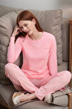 Kadın Pembe Çizgili Bisiklet Yaka Kısa Kol %100 Pamuklu Pijama Takımı Q9.PKI.8RK77