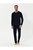 %100 Pamuklu Lacivert Kutulu Erkek Çeyiz Pijama Takımı (1 Çift Çorap Hediyeli) 6PQI5EKR6RKE5.3L