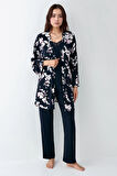 Kadın Modal Pamuklu Lacivert Sabahlıklı Pijama Takımı Çorap Hediyeli QP9K1R0K8R
