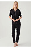 Kadın Siyah Pamuklu Modal Boydan Patlı Kısa Kol Kutulu Pijama Takımı Q8.U.8O.K2.K.A6.P.C