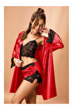 Kadın Saten Bordo Braletli Şortlu Kimono Takım Q.4N6K1RK0.T.K.S