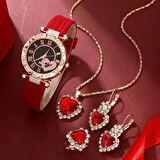 Kadın Yuvarlak Saat ve Kolye+Küpe+Yüzük Takı Seti, 5 adet/takım