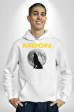 Ay Dolunay Uluyan Kurt Erkek Kadın Beyaz Dijital Baskılı Kapüşonlu Sweatshirt Hoodie