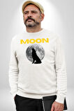 Ay Dolunay Uluyan Kurt Erkek Kadın Unisex Dijital Baskılı Beyaz Sweatshirt