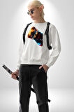 Cool Tedy Renkli Ayıcık Gözlük Erkek Kadın Unisex Dijital Baskılı Beyaz Sweatshirt