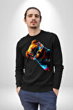 Cool Tedy Renkli Ayıcık Gözlük Erkek Kadın Unisex Dijital Baskılı Siyah Sweatshirt
