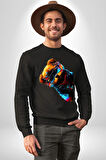 Cool Tedy Renkli Ayıcık Gözlük Erkek Kadın Unisex Dijital Baskılı Siyah Sweatshirt