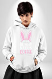 Bazı Pembe Tavşanların Kahveye İhtiyacı Var  Erkek Kadın Beyaz Dijital Baskılı Kapüşonlu Sweatshirt Hoodie