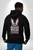 Bazı Pembe Tavşanların Kahveye İhtiyacı Var  Erkek Kadın Siyah Ön Sırt Baskılı Kapüşonlu Sweatshirt Hoodie