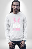 Bazı Pembe Tavşanların Kahveye İhtiyacı Var  Erkek Kadın Unisex Dijital Baskılı Beyaz Sweatshirt