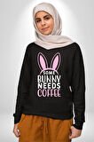 Bazı Pembe Tavşanların Kahveye İhtiyacı Var  Erkek Kadın Unisex Dijital Baskılı Siyah Sweatshirt