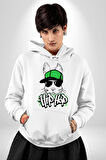 Paskalya Tavşanı Hip Hop Yeşil Şapka Erkek Kadın Beyaz Dijital Baskılı Kapüşonlu Sweatshirt Hoodie
