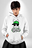 Paskalya Tavşanı Hip Hop Yeşil Şapka Erkek Kadın Beyaz Dijital Baskılı Kapüşonlu Sweatshirt Hoodie