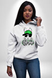 Paskalya Tavşanı Hip Hop Yeşil Şapka Erkek Kadın Beyaz Dijital Baskılı Kapüşonlu Sweatshirt Hoodie