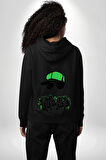 Paskalya Tavşanı Hip Hop Yeşil Şapka Erkek Kadın Siyah Ön Sırt Baskılı Kapüşonlu Sweatshirt Hoodie