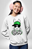 Paskalya Tavşanı Hip Hop Yeşil Şapka Erkek Kadın Unisex Dijital Baskılı Beyaz Sweatshirt
