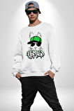 Paskalya Tavşanı Hip Hop Yeşil Şapka Erkek Kadın Unisex Dijital Baskılı Beyaz Sweatshirt