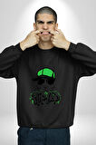 Paskalya Tavşanı Hip Hop Yeşil Şapka Erkek Kadın Unisex Dijital Baskılı Siyah Sweatshirt