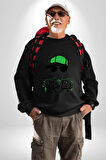 Paskalya Tavşanı Hip Hop Yeşil Şapka Erkek Kadın Unisex Dijital Baskılı Siyah Sweatshirt